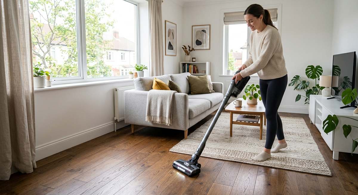 A vacuum cleaning a hardwood floor