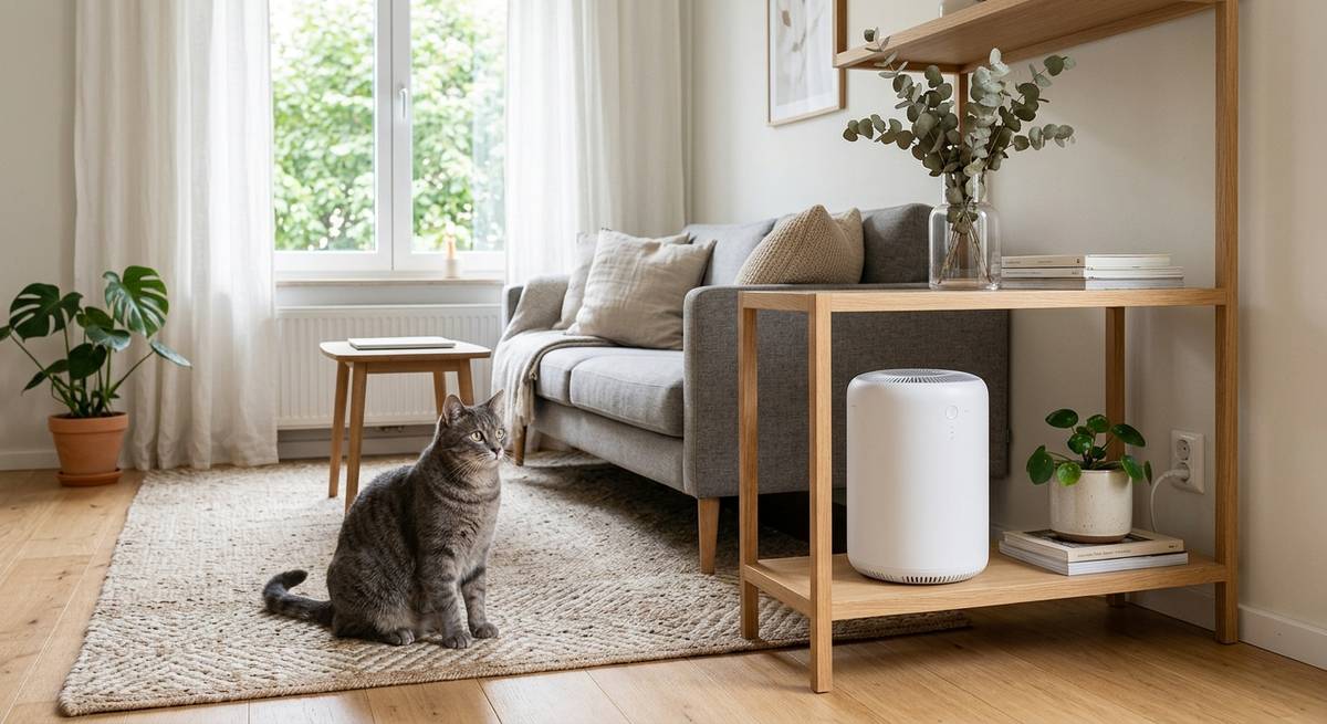 A white air purifier in a small room with a cat