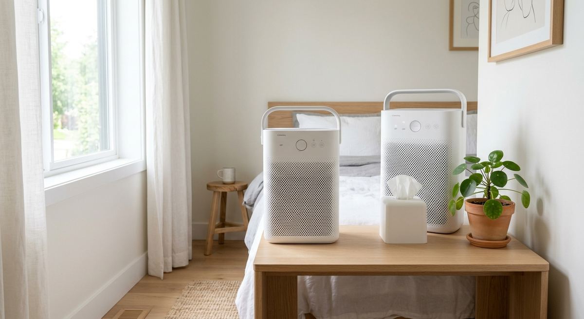 A white air purifier in a bright small bedroom