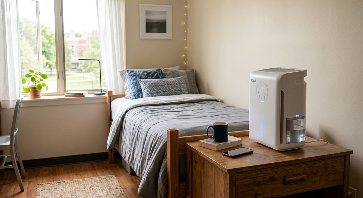 A combined air purifier and humidifier unit on a nightstand in a small dorm room with a bed and a window