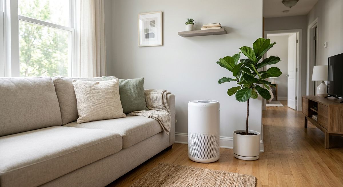 A white HEPA air purifier in a small apartment