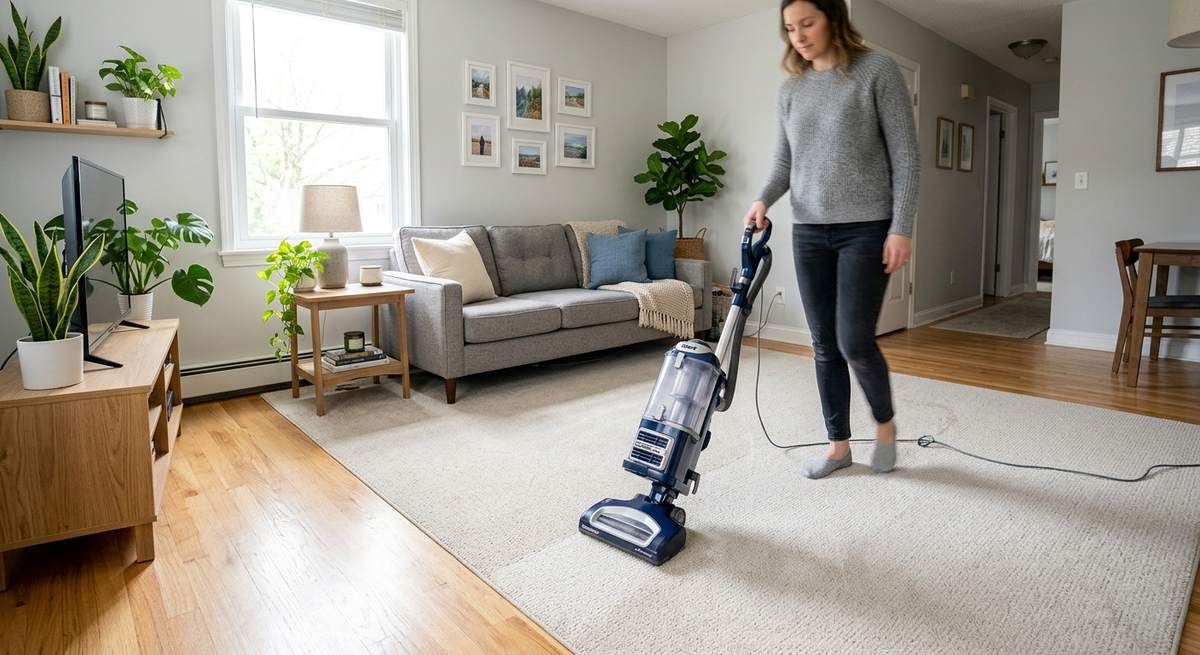 A vacuum cleaning carpet with hardwood at the edge